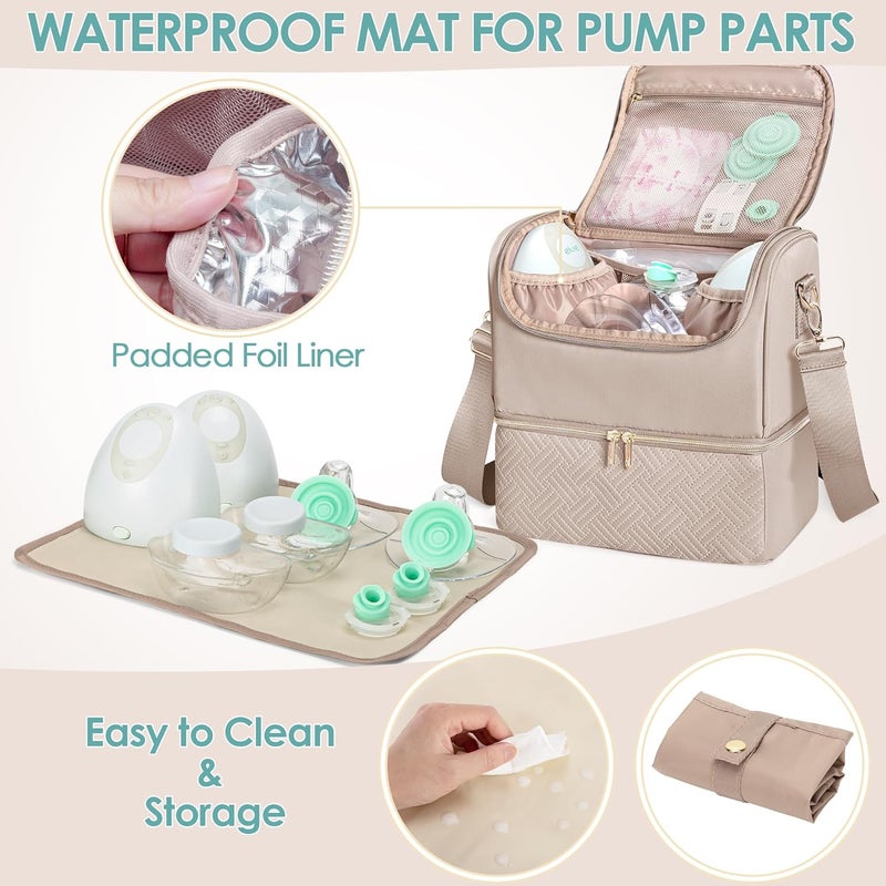 Fasrom Breast Pump Bag with Cooler Compartment Compatible with Momcozy, Medela and Willow Hands Free Pump, Pumping Tote with Waterproof Mat, Camel - Image 3